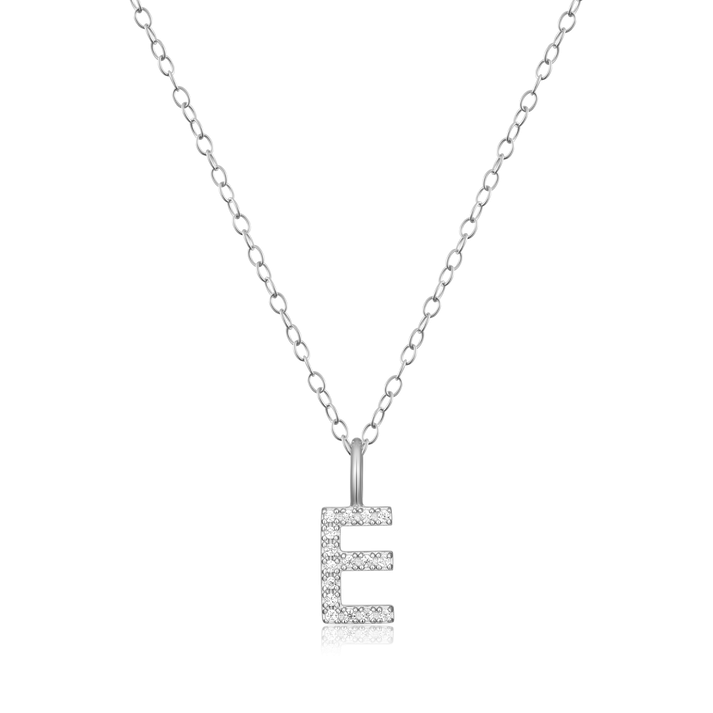 Letter "E" Initial Pendant Necklace in Rhodium-Plated Sterling Silver
