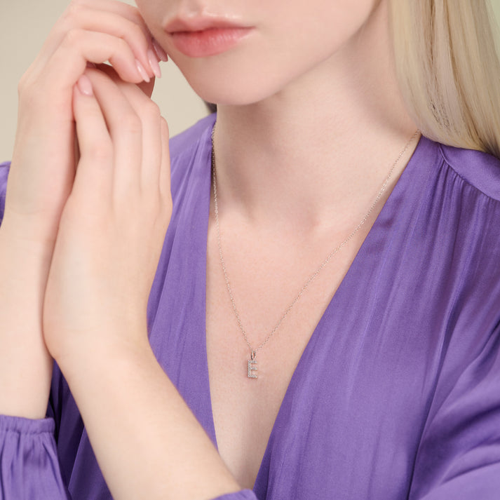 Letter "E" Initial Pendant Necklace in Rhodium-Plated Sterling Silver