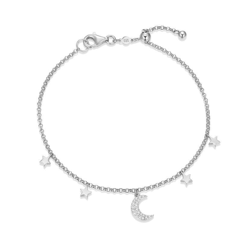 Sterling Silver Lab Grown Diamond Moon &amp; Stars Bracelet