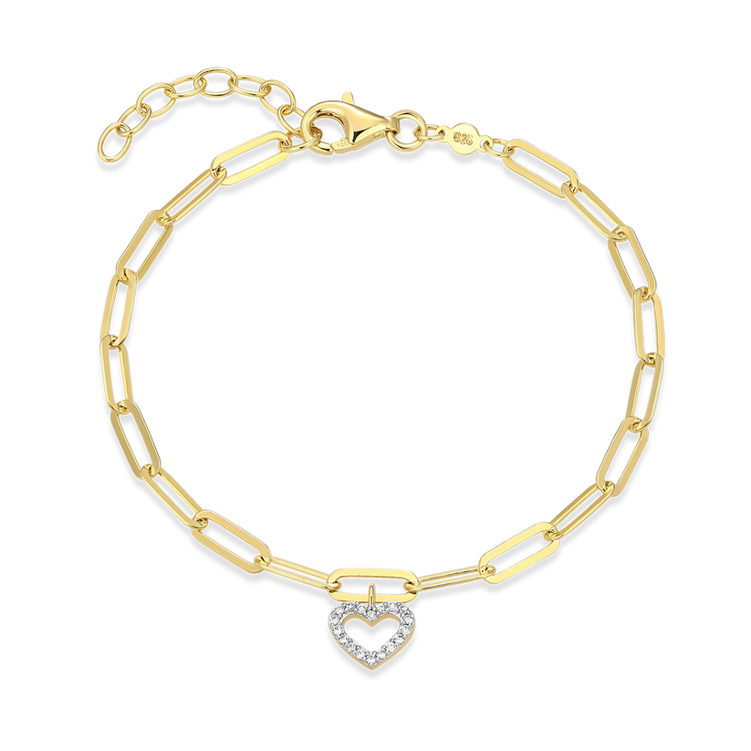 Heart Charm Lab Grown Diamond Gold Plated Sterling Silver Bracelet