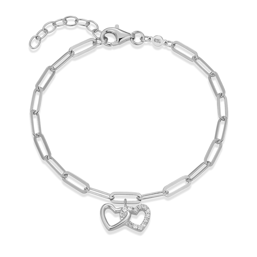 Twin Heart Charm Lab GrownDiamond Paperclip Bracelet Sterling Silver