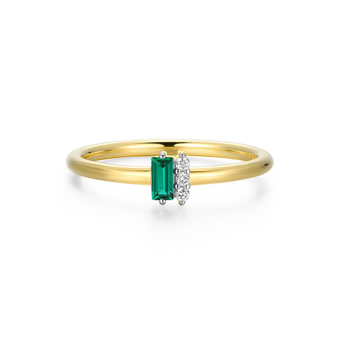 Lab Grown Emerald Baguette &amp; Diamond Round Cluster Ring Gold-Plated Sterling Silver