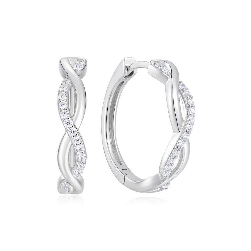 Half Pave Twist Hoop Earrings Sterling Silver