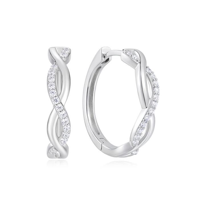 Half Pave Twist Hoop Earrings Sterling Silver