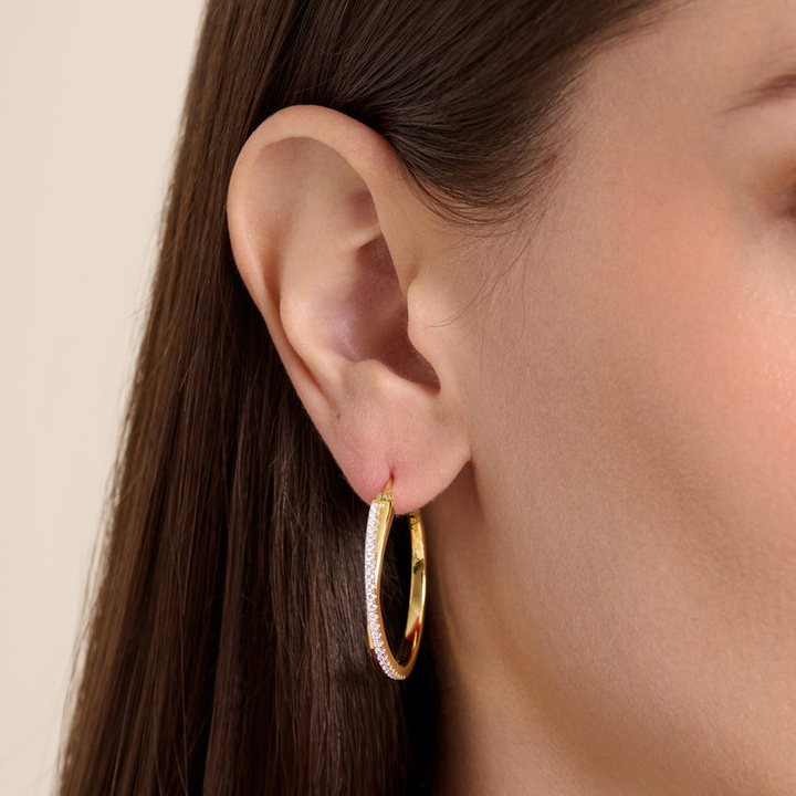 Large Half Pave Twist Hoop Earrings Gold-Plated Sterling Silver