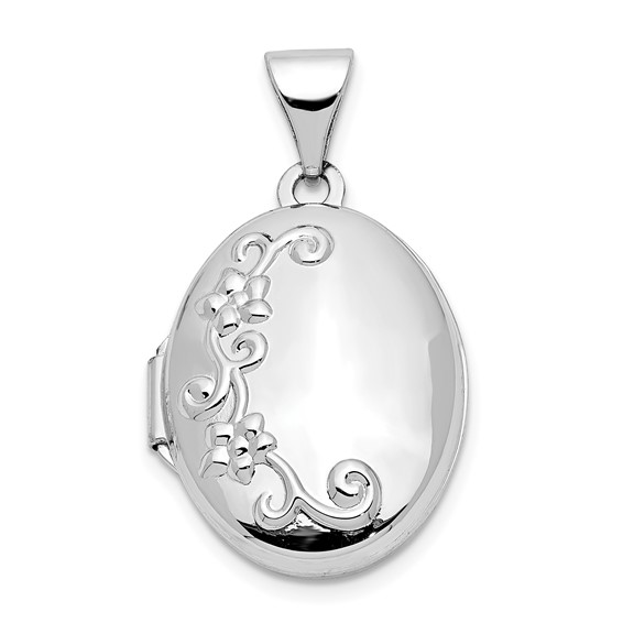 14k White Gold Floral Oval Locket Charm