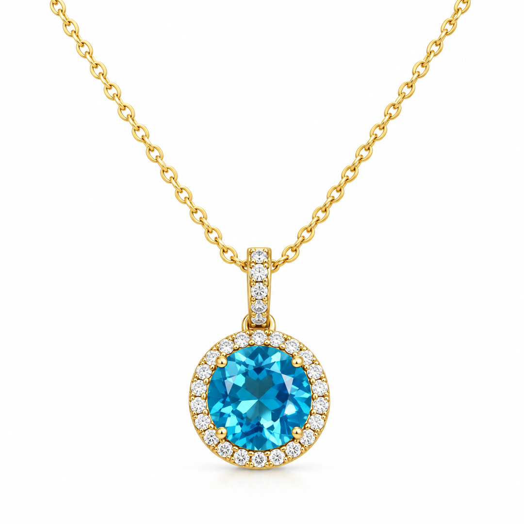 14k Yellow Halo Blue Topaz Pendant
