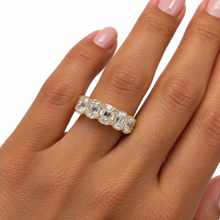 14k Yellow Shared Prong 4.73ctw Cushion Lab Grown Diamond Wedding Band