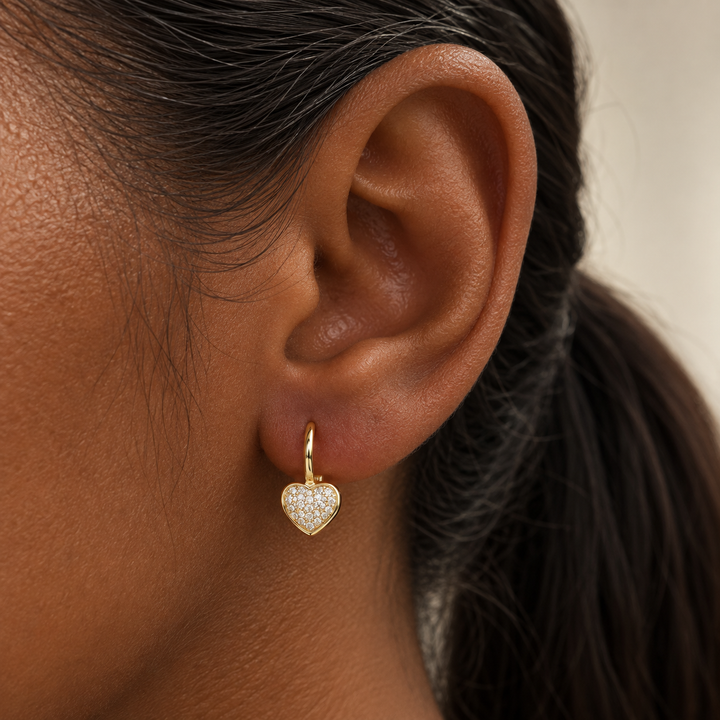 14k Yellow Lever Back Diamond Heart Earrings