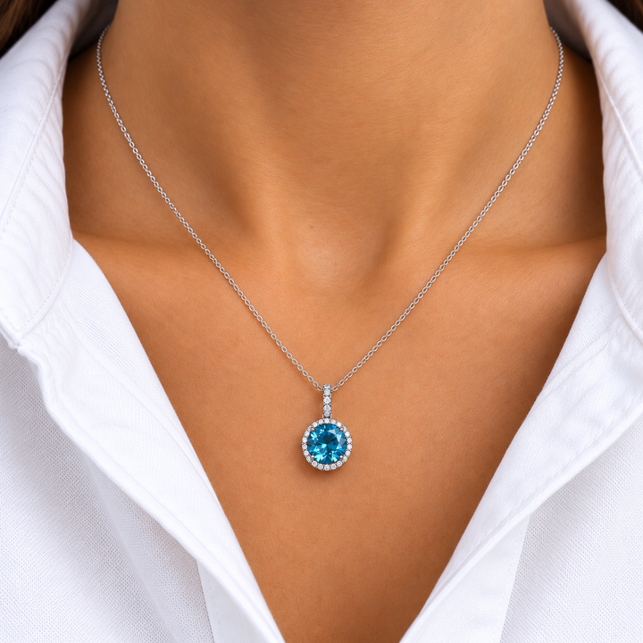 14k White Halo Blue Topaz Pendant