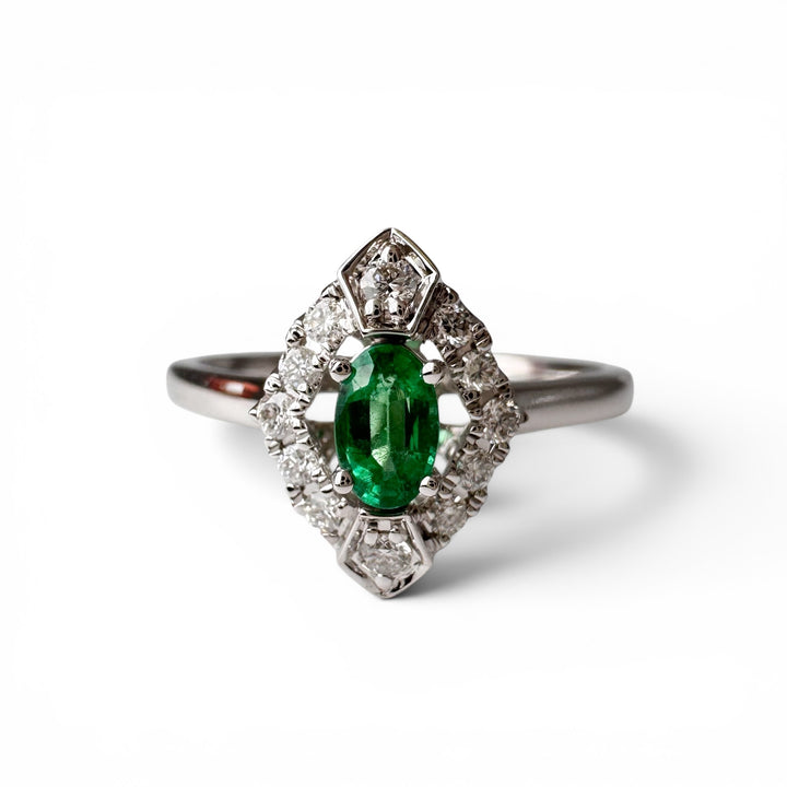 14k White Gold Diamond Emerald Ring