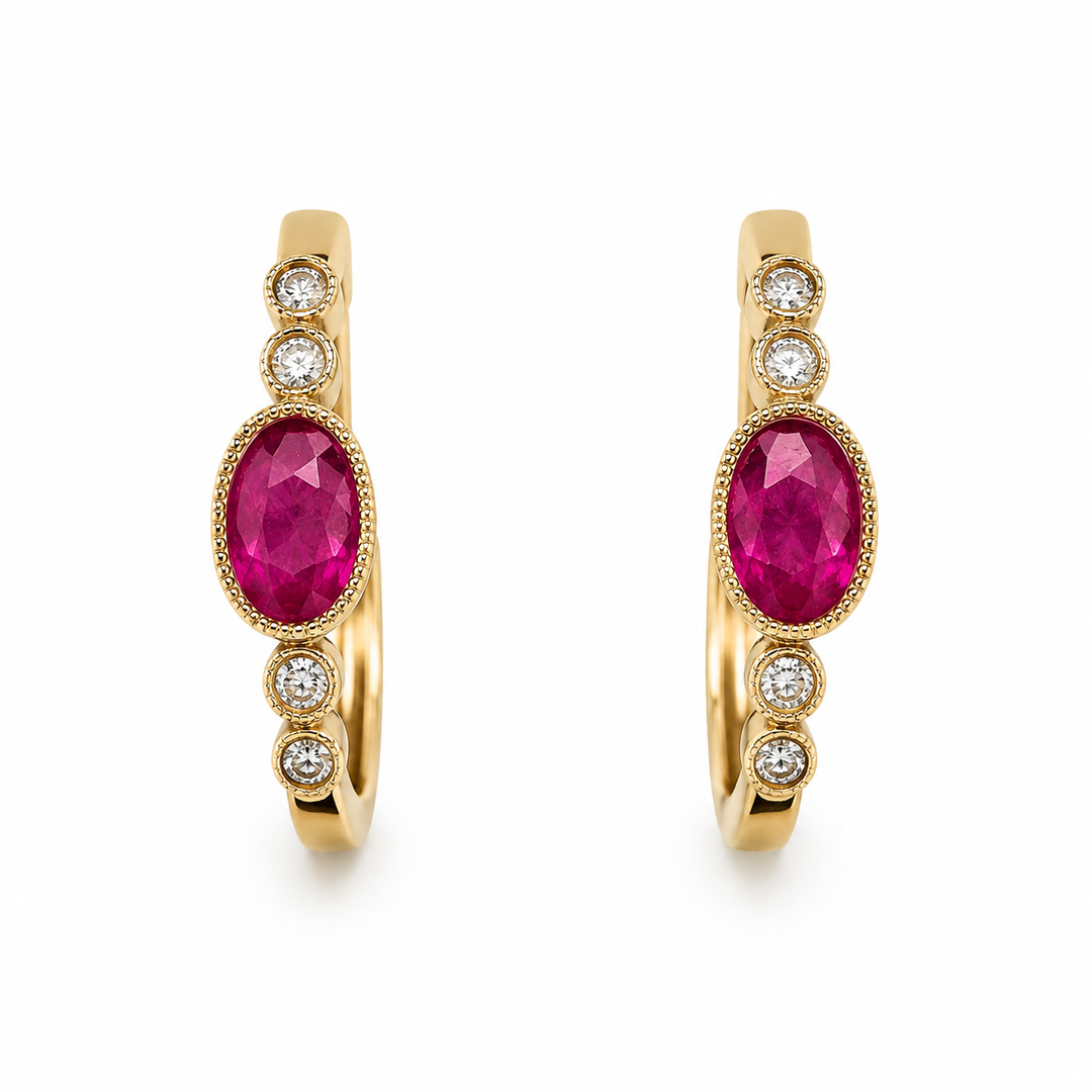 14k Ruby Hoop Diamonds Earrings