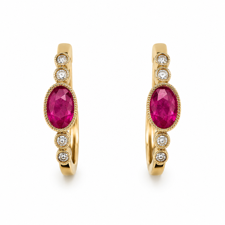 14k Ruby Hoop Diamonds Earrings