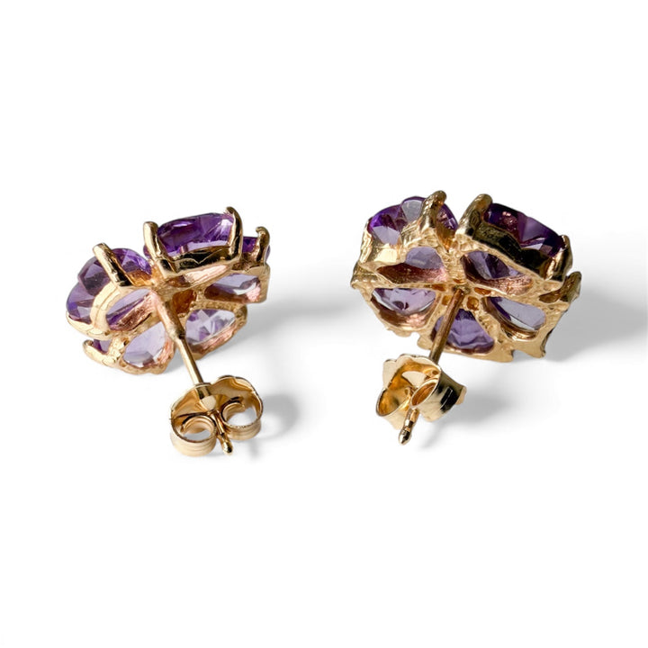 14k Yellow Gold Flower Amethyst Estate Earrings
