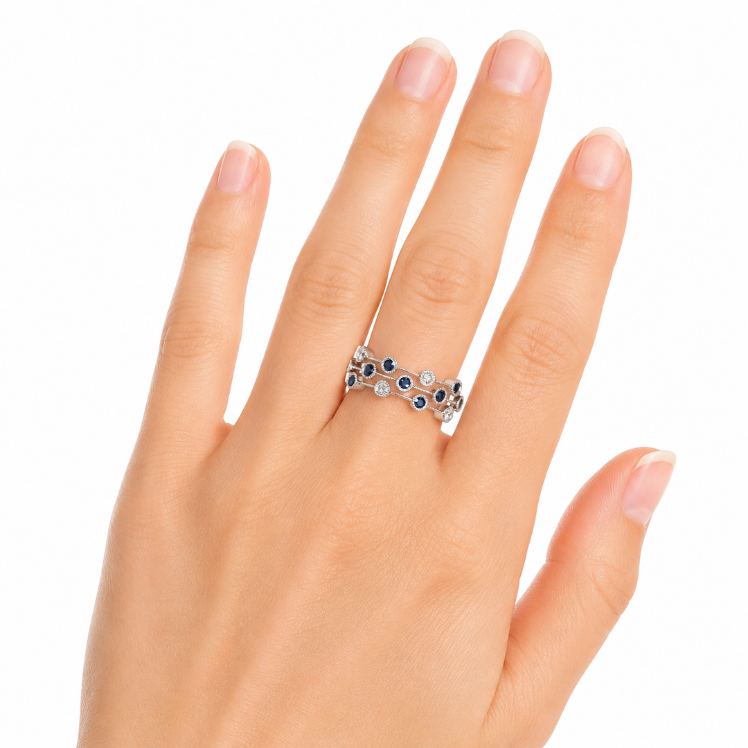 14k White Triple Row Diamond Sapphire Estate Ring