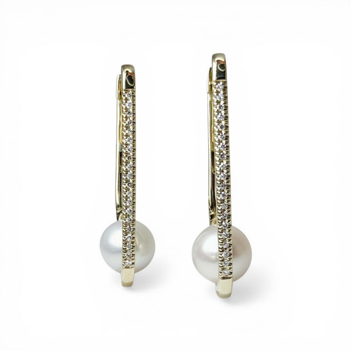 14k Oval Hoops Pearl Diamond Earrings