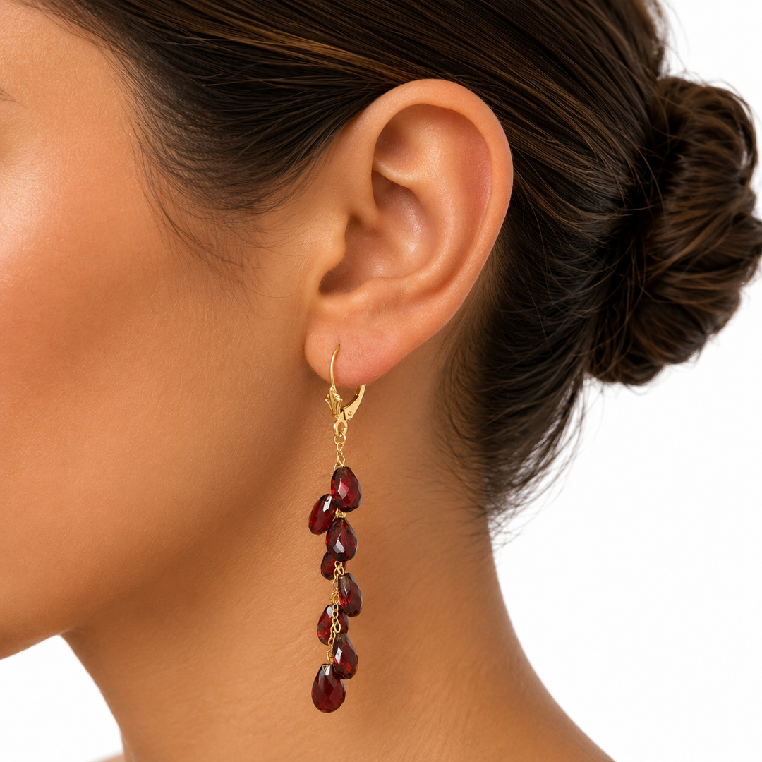 14k Yellow Drop Garnet Estate Earrings