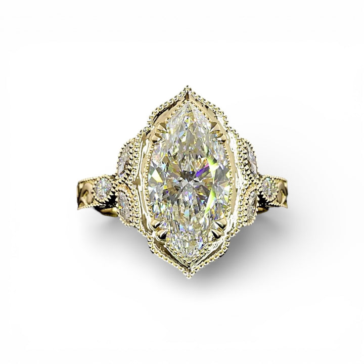 14k Yellow Gold Antique Style Marquise Lab Engagement Ring