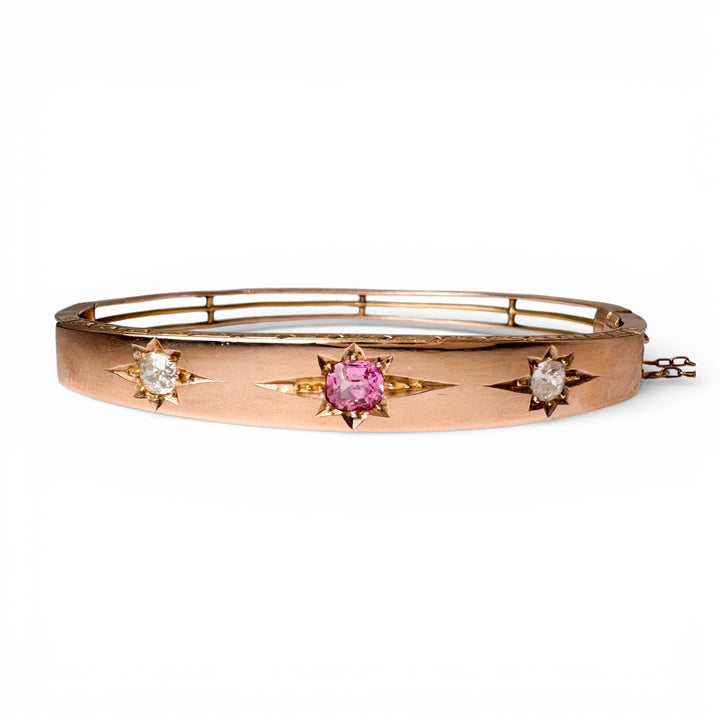 9k Yellow Gold Bangle Pink Sapphire Estate Bracelet