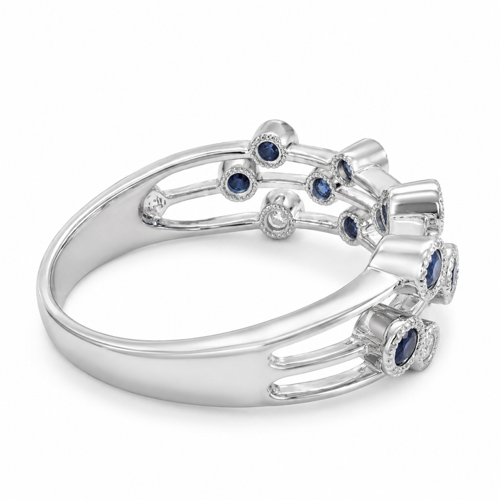 14k White Triple Row Diamond Sapphire Estate Ring