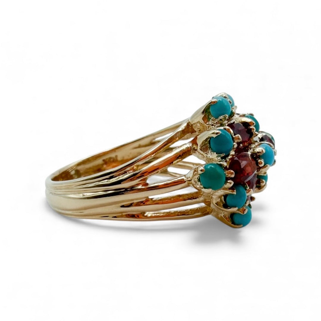 14k Yellow Gold Cluster Turquoise Garnet Estate Ring