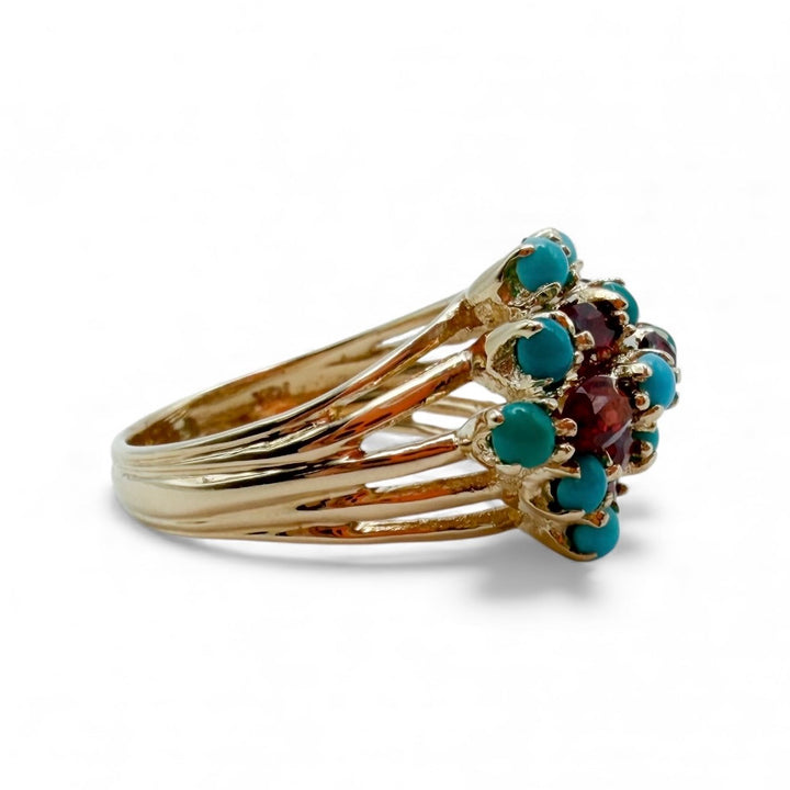 14k Yellow Gold Cluster Turquoise Garnet Estate Ring