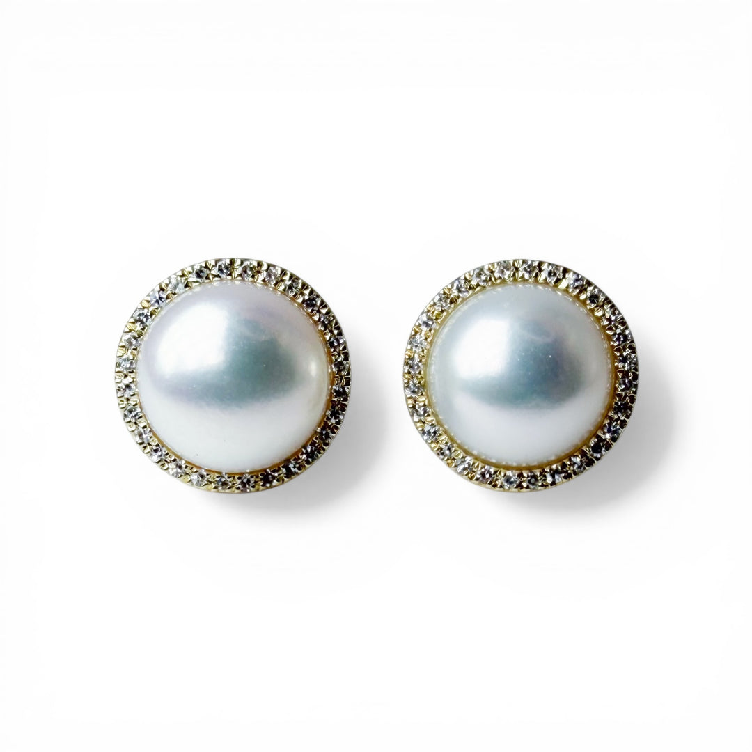 14k Stud Pearl Diamond Earrings