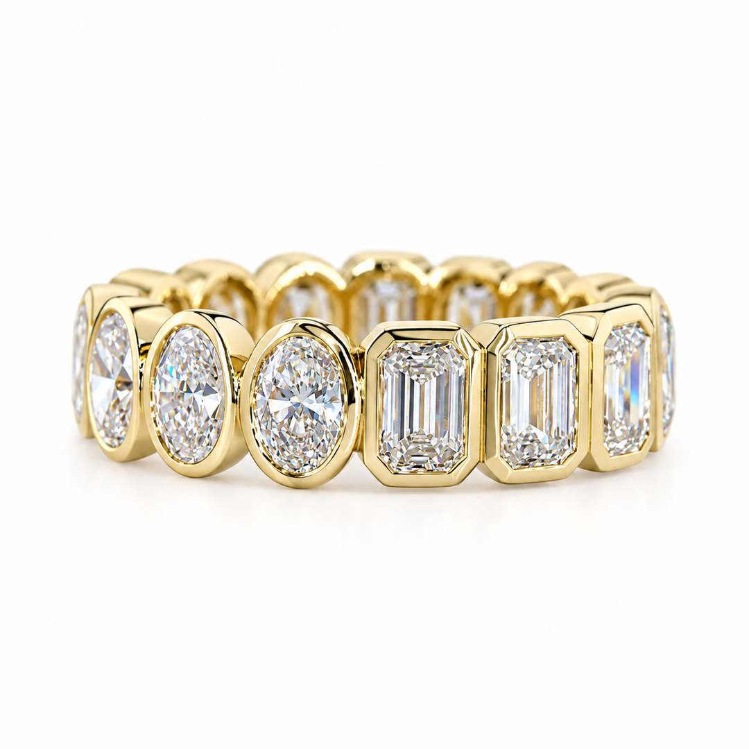 18k Yellow Emerald &amp; Oval Cut Lab Grown Diamond Wedding Band