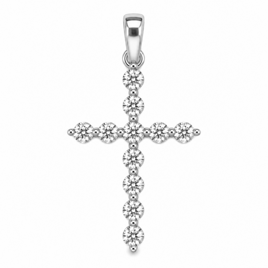 14k White Single Prong Diamond Cross Pendant