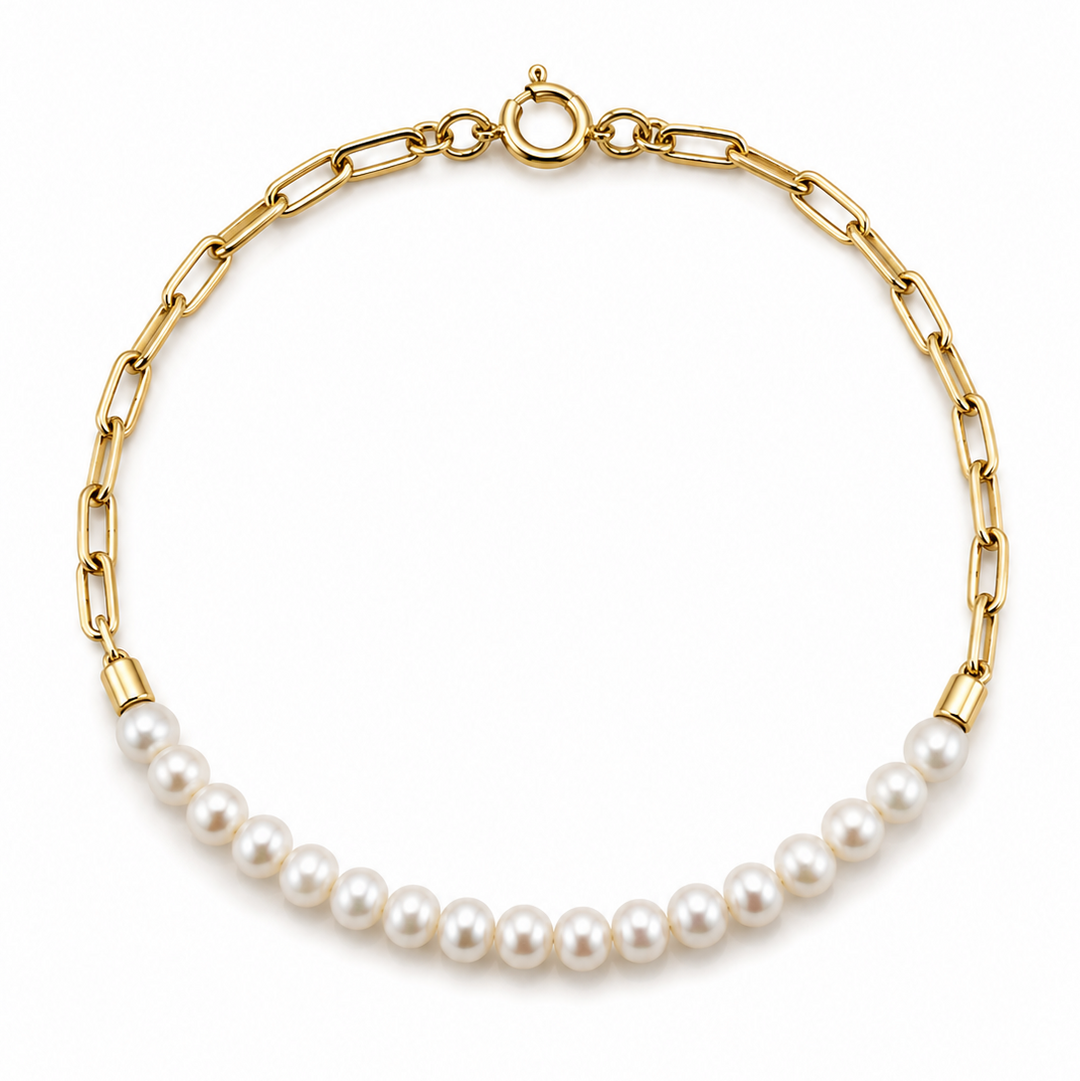 18k Yellow Gold Paper Clip Pearl Bracelet