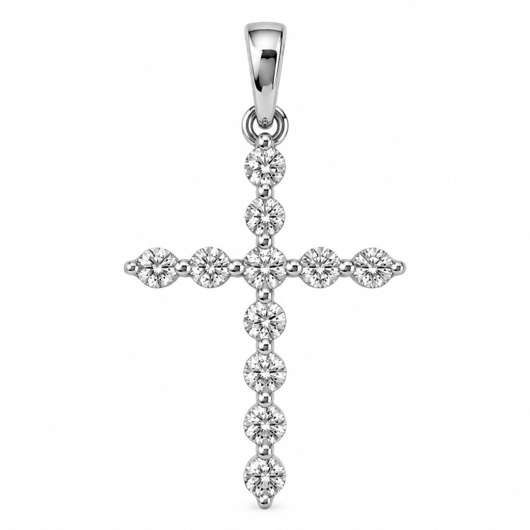 14k White Single Prong Diamond Cross Pendant