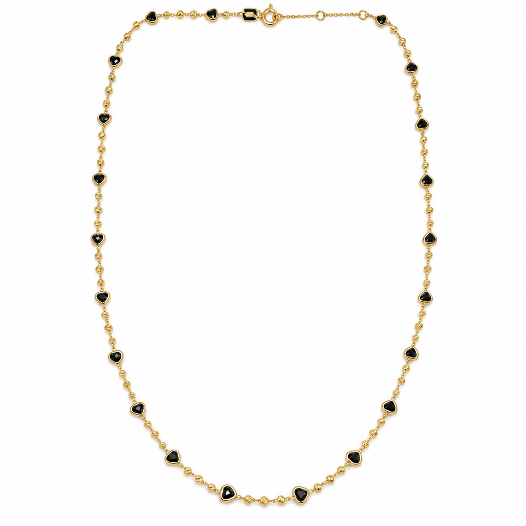 14k Yellow Gold Diamond Cut Beads &amp; Bezel Set Black Stone Heart Chain