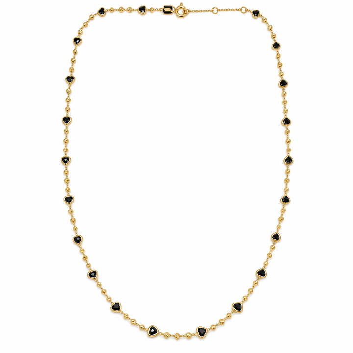 14k Yellow Gold Diamond Cut Beads &amp; Bezel Set Black Stone Heart Chain