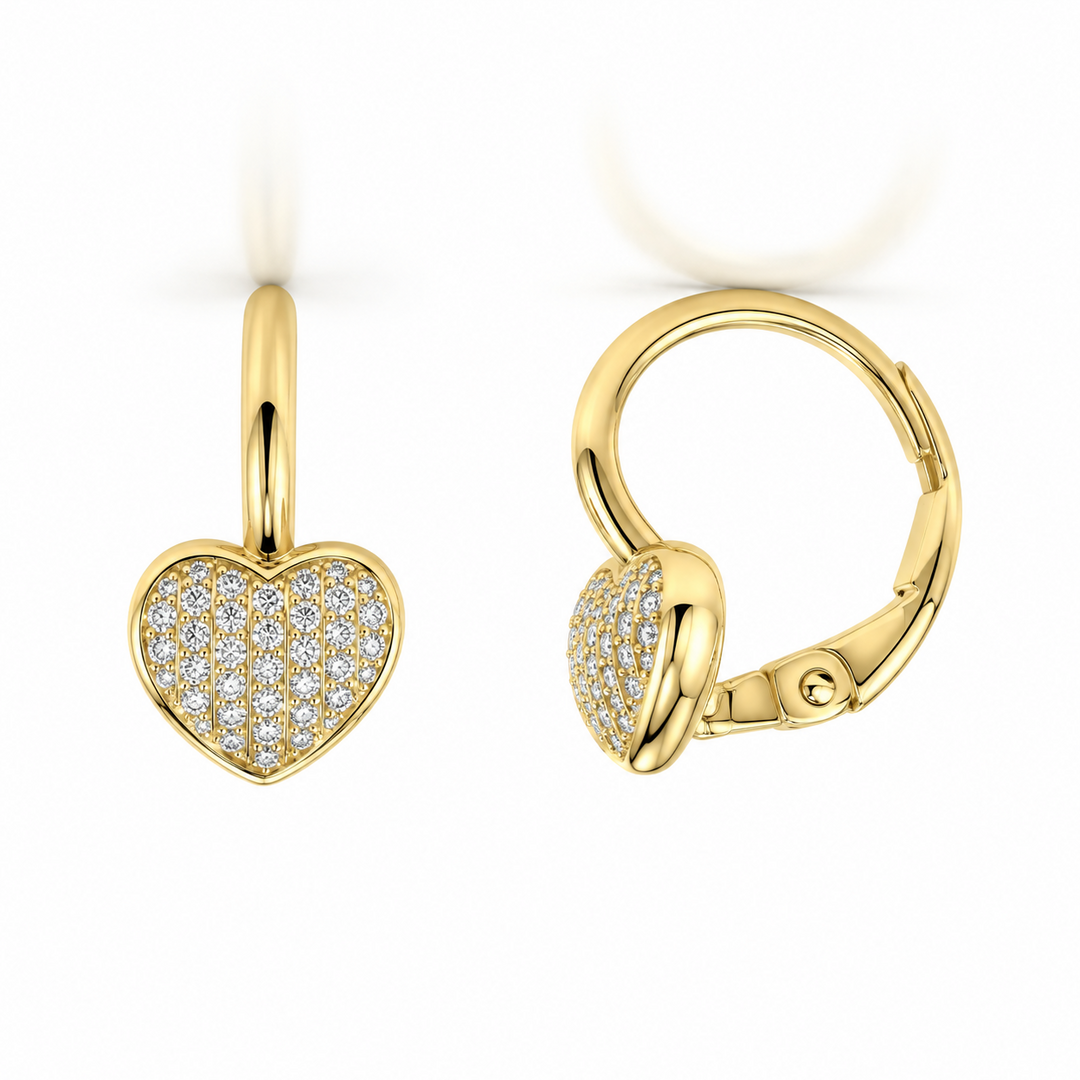 14k Yellow Lever Back Diamond Heart Earrings