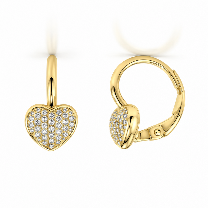 14k Yellow Lever Back Diamond Heart Earrings