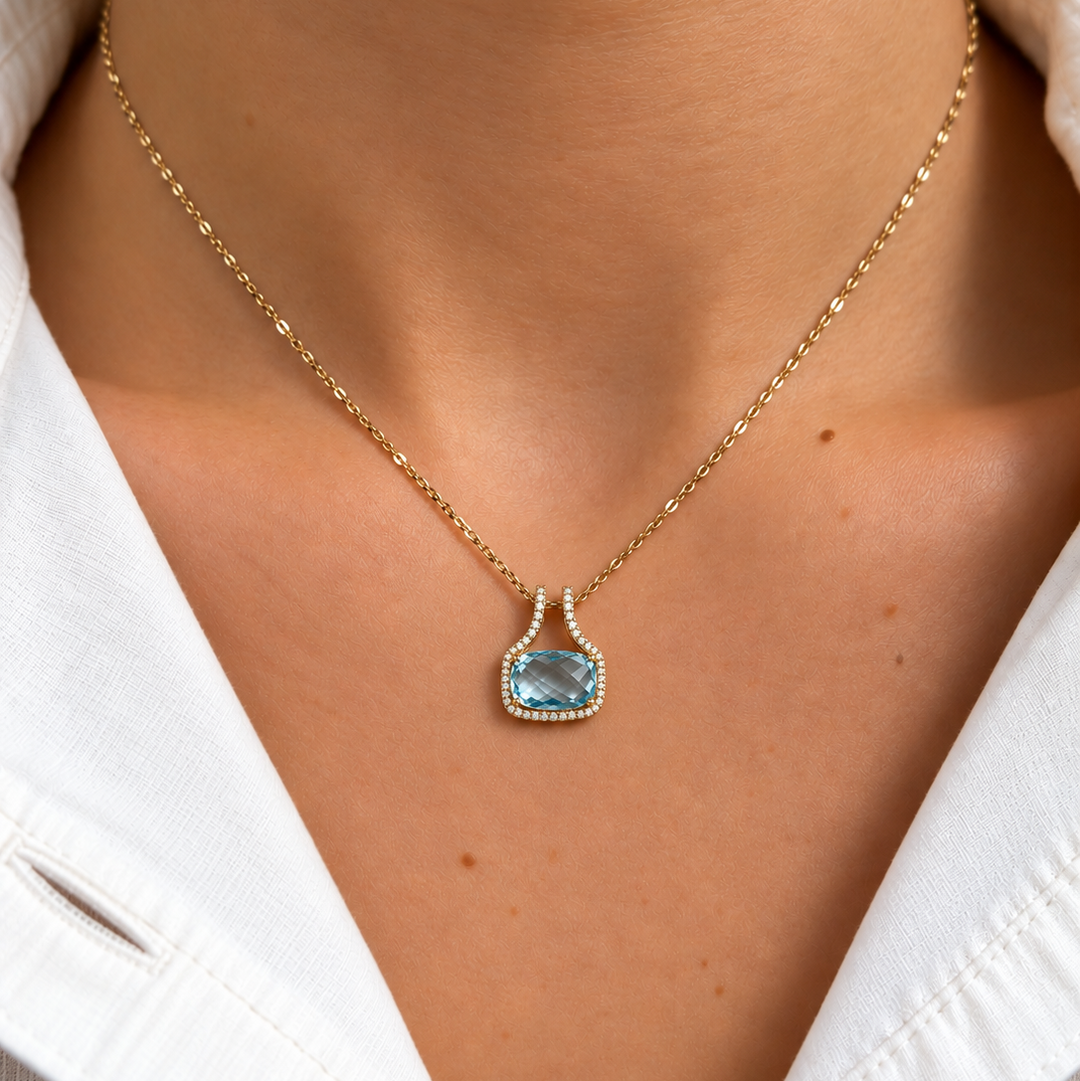 14k Yellow Blue Topaz Pendant