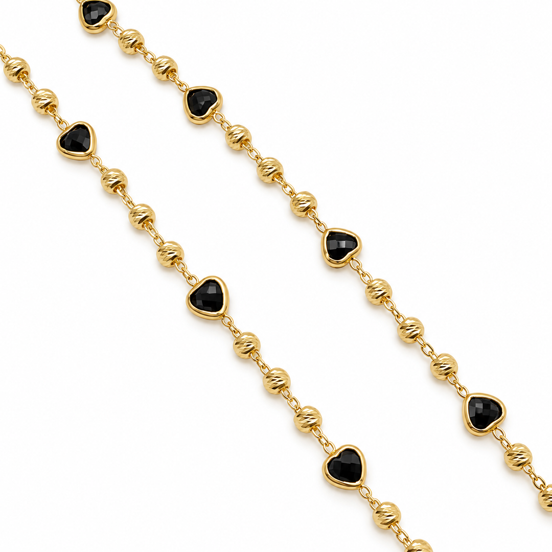 14k Yellow Gold Diamond Cut Beads &amp; Bezel Set Black Stone Heart Chain
