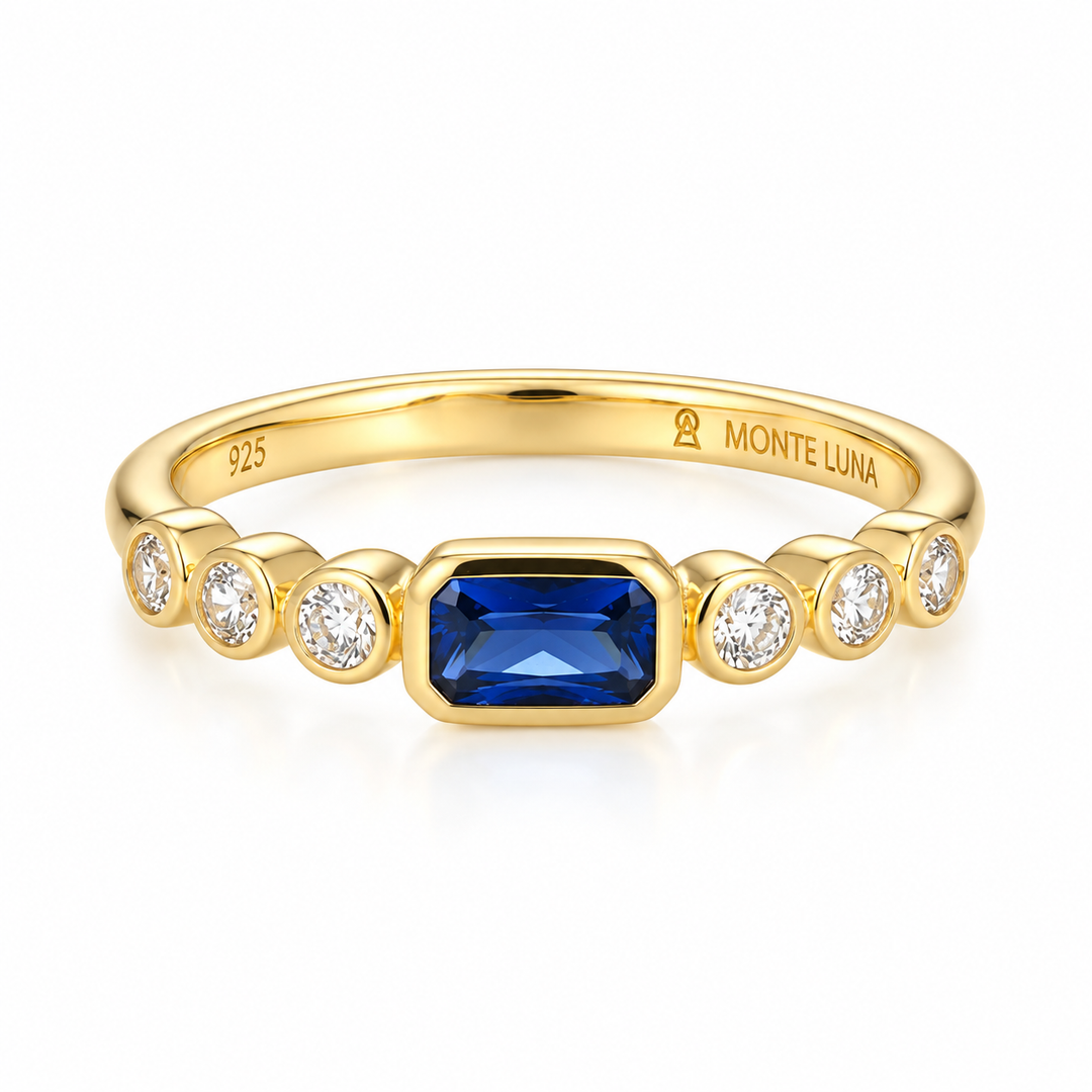 Bezel Set Lab Grown Blue Sapphire &amp; Diamond Ring Gold-Plated Sterling Silver