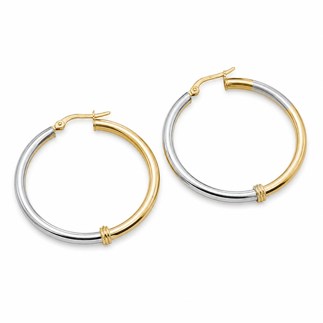 14k Two Tone Medium Hoop Earrings