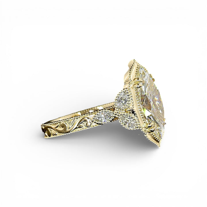 14k Yellow Gold Antique Style Marquise Lab Engagement Ring