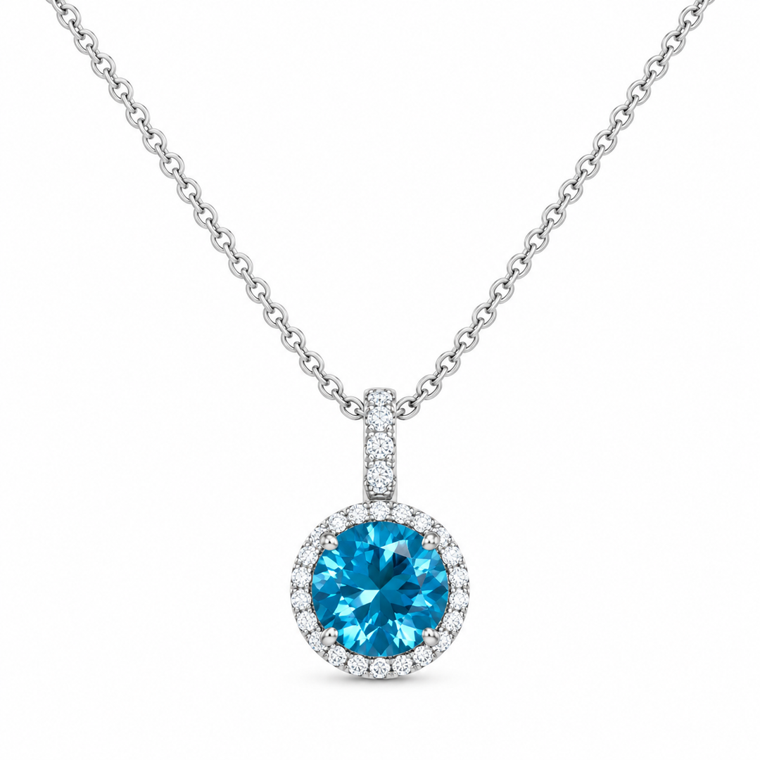 14k White Halo Blue Topaz Pendant