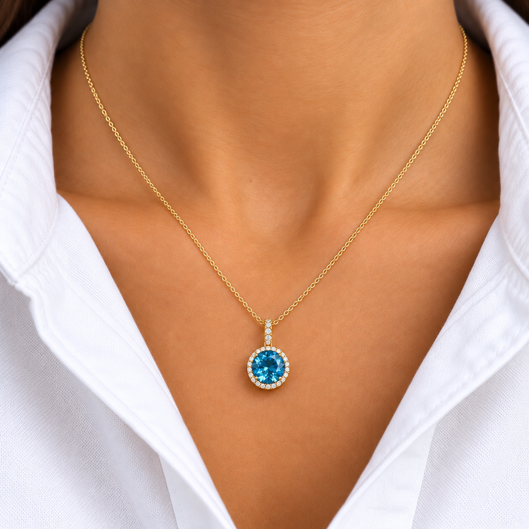 14k Yellow Halo Blue Topaz Pendant