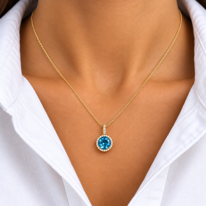 14k Yellow Halo Blue Topaz Pendant