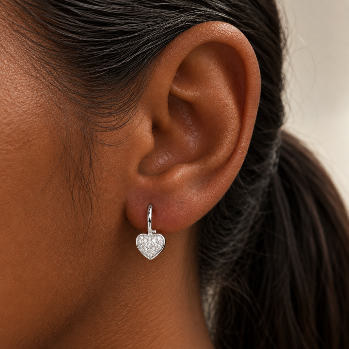 14k White Heart Lever Back Diamond Earrings