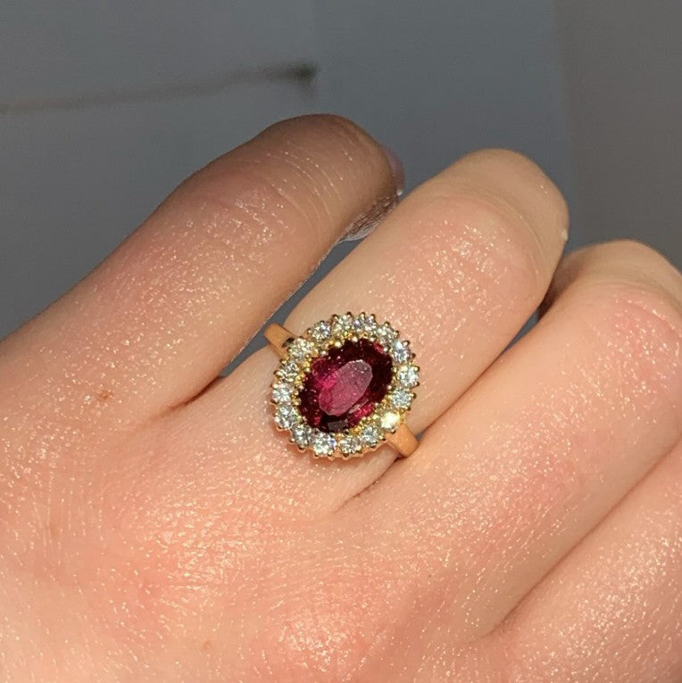 14k Yellow Gold Halo Rubellite Tourmaline Estate Ring