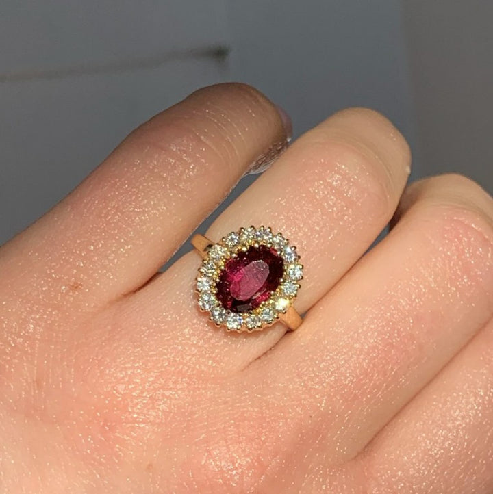 14k Yellow Gold Halo Rubellite Tourmaline Estate Ring