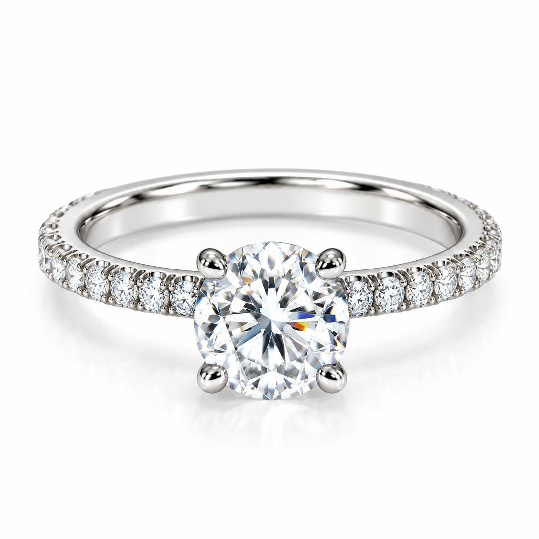 14kt white gold 4 prong setting featuring a hidden halo, 0.53cttw