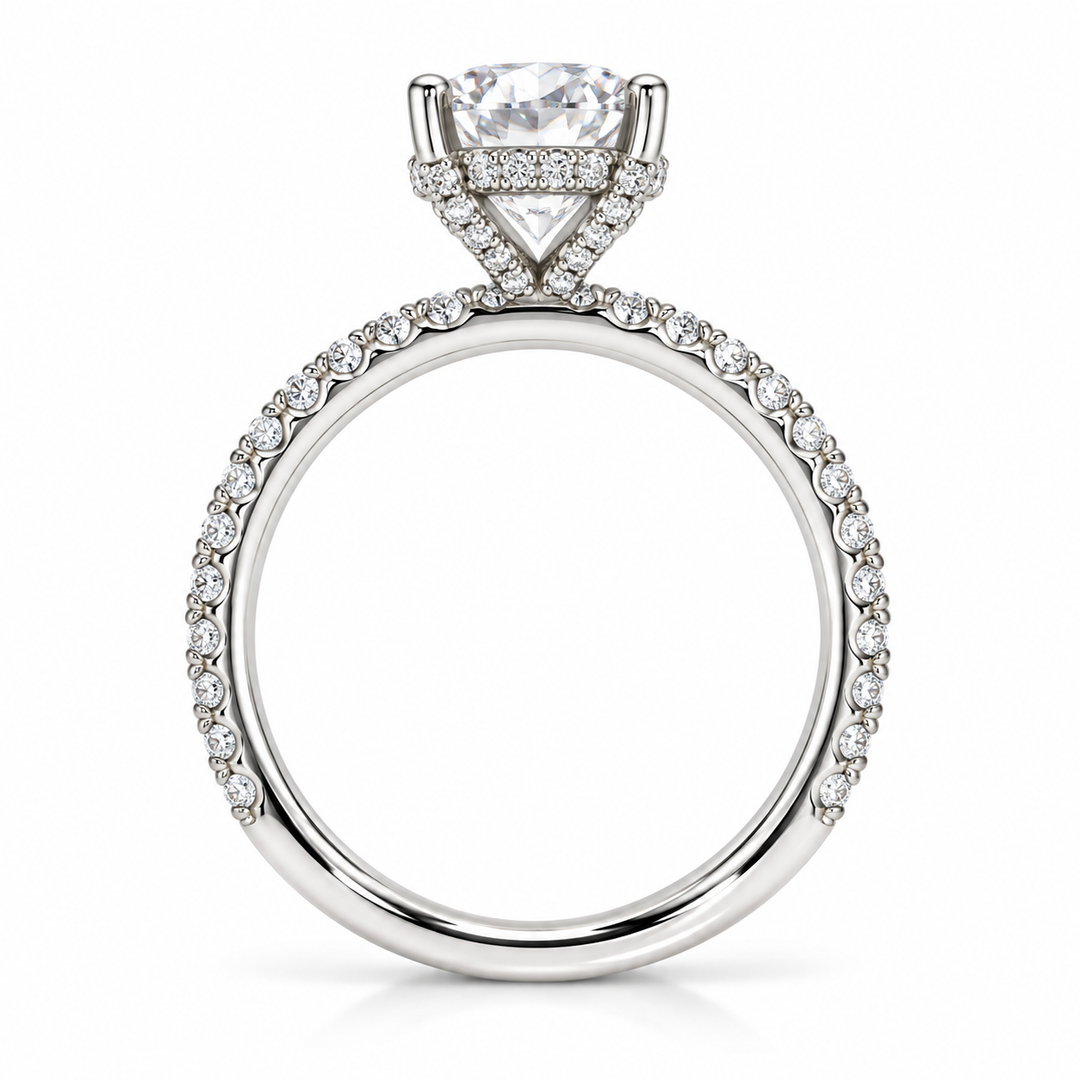 14kt white gold 4 prong setting featuring a hidden halo, 0.53cttw