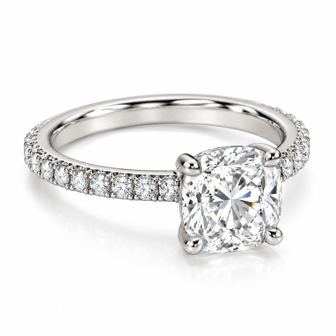 14kt white gold 4 prong setting featuring a hidden halo, 0.53cttw