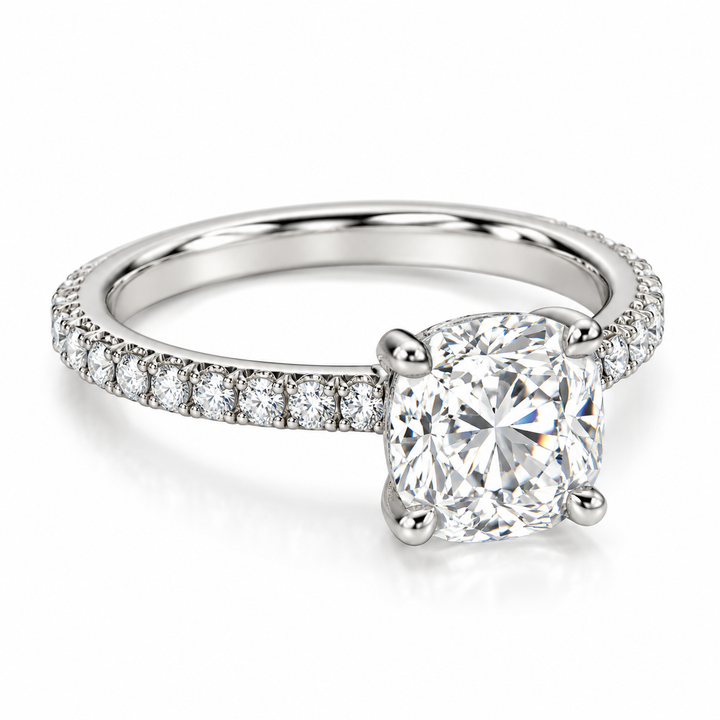 14kt white gold 4 prong setting featuring a hidden halo, 0.53cttw